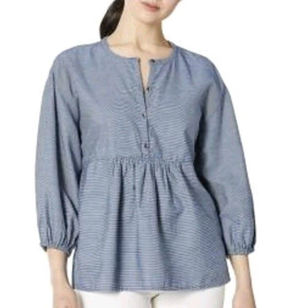 Lucky Brand Blue Pinstripe Button Front Babydoll Peasant Blouse Top XL EUC